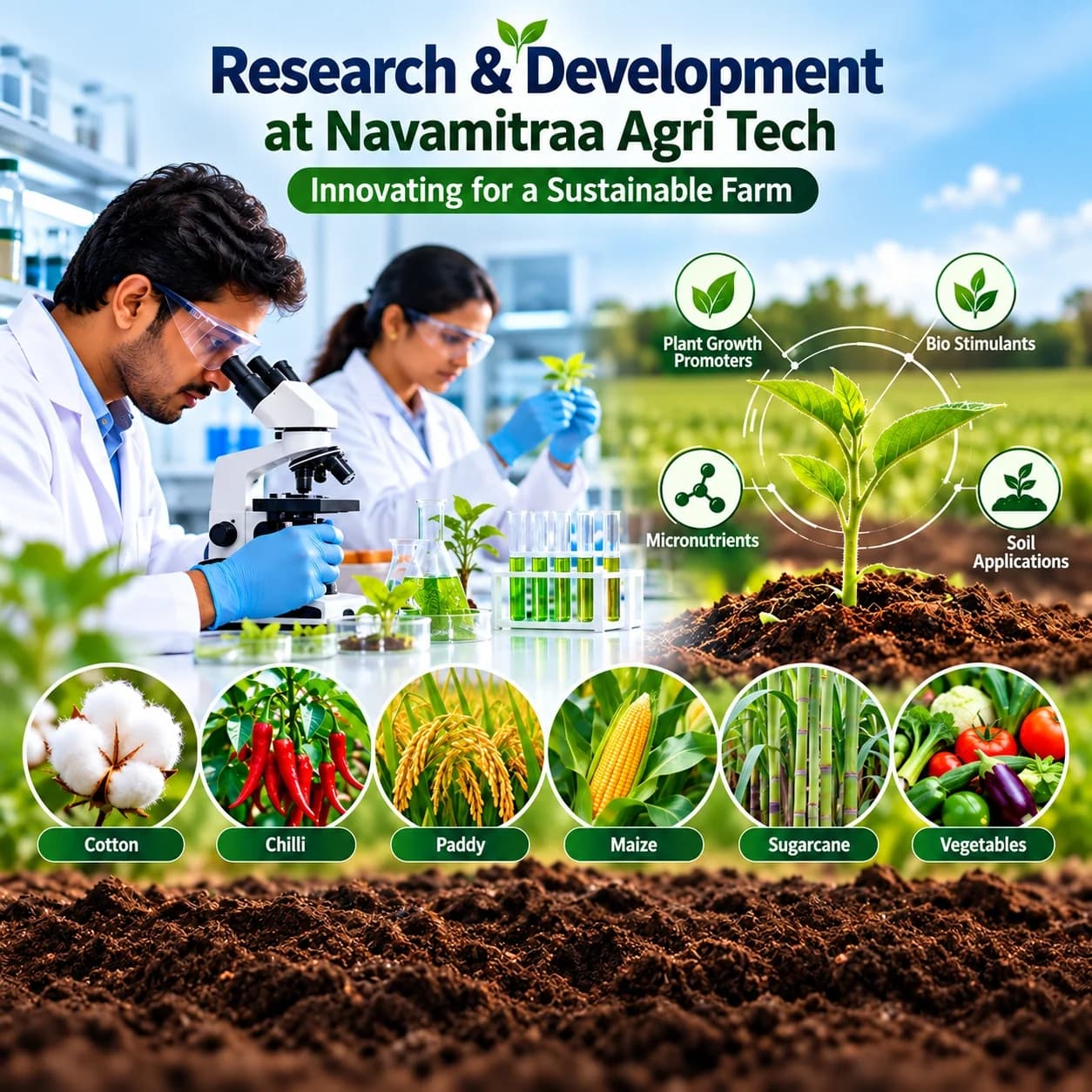 Research and Development at Navamitraa Agri Tech: scientists testing plant growth promoters, bio stimulants and micronutrients for cotton, chilli, paddy, maize, sugarcane and vegetables